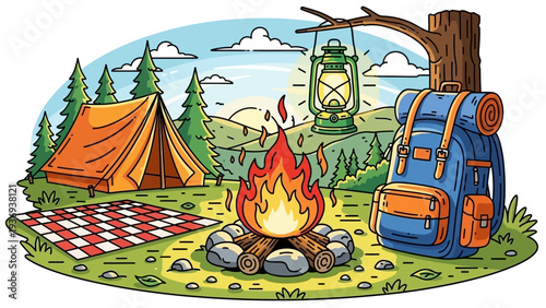 Camping scene with tent, campfire, backpack, and lantern in nature landscape