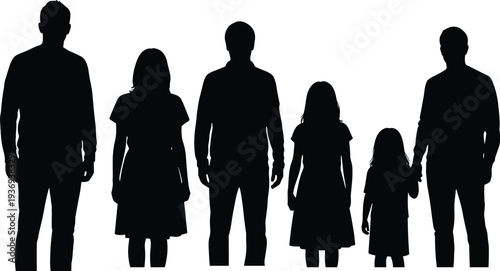Family silhouette vector illustration showing parents and children standing together isolated on white background representing love unity and togetherness concept design use
