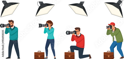 Professional photographers team taking photos with DSLR cameras and softbox lighting, flat cartoon characters set isolated on white background