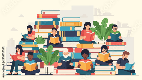 Diverse people reading books on stacks of books, education concept
