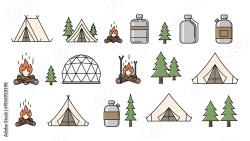 Camping Icons Set: Tents, Campfires, Water Bottles, Trees