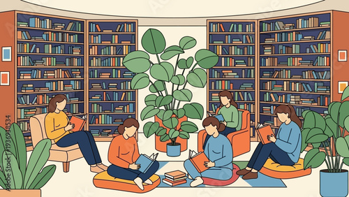 Cozy library with people reading and lush plants, warm atmosphere