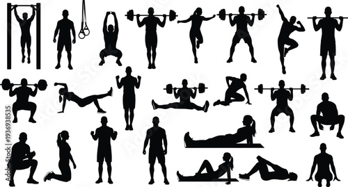 Fitness exercise silhouette vector set showing men and women performing gym workouts strength training and bodyweight poses isolated on white background