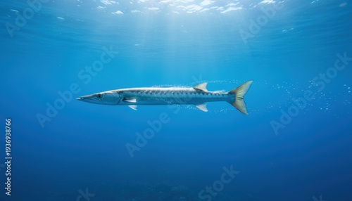 Wallpaper Mural A sleek barracuda swims powerfully through sunlit ocean depths, showcasing its predatory form. Torontodigital.ca