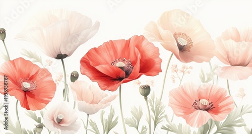 Wallpaper Mural Watercolor pink and red poppies on white background Torontodigital.ca