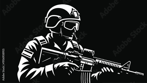 Black and White Vector Illustration of a Special Forces Soldier Wearing a Combat Helmet and Tactical Gear Holding an Assault Rifle on Black Background