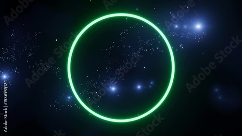 Glowing green waveform with sparkling particles on dark background