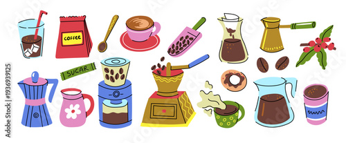 Colorful hand drawn coffee illustration set featuring cups, beans, grinder, moka pot, cezve, brewing tools, sugar and desserts. Playful doodle style collection capturing cozy coffee culture and aromat