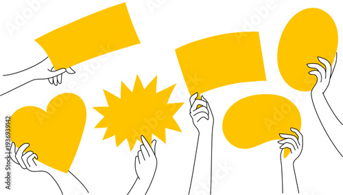 Minimal line illustration of elegant hands holding abstract geometric shapes including circle, rectangle, blob, starburst and heart. Conceptual metaphor of communication, sharing ideas, and expressing