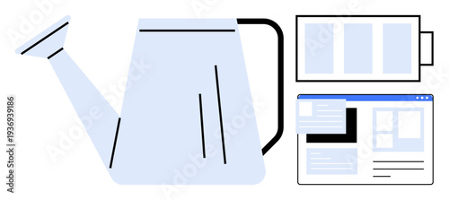 Productivity, organization tools, digital management, gardening metaphor, creative workflows, online resources. Minimalistic watering can and browser interface elements. Productivity and organization