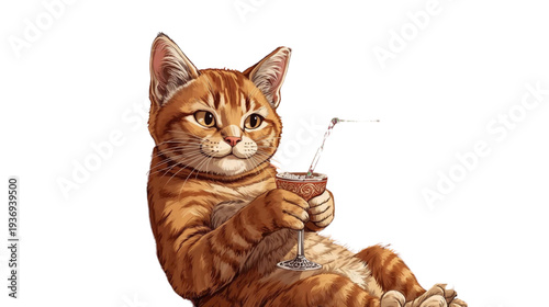 a cat sitting relaxed while holding a drink