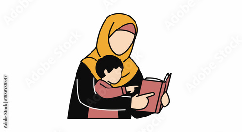 A mother wearing a hijab reads a book with her young child, fostering a love for learning and family bonding.