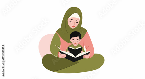 A mother wearing a hijab reads a book to her young son, fostering education and family bonding.