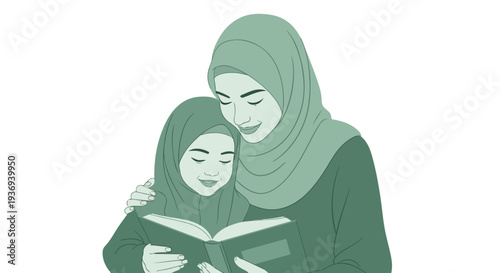 A loving Muslim mother gently embraces her young daughter as they joyfully read a book together, sharing a precious moment of learning and bonding.