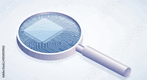 Magnifying glass examining a computer circuit board for technological analysis.