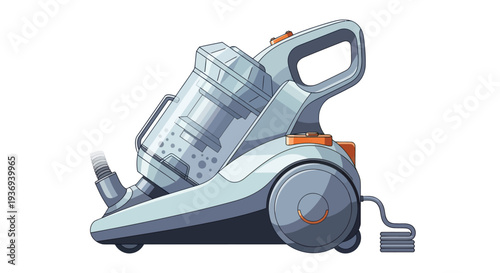 Modern canister vacuum cleaner illustration for household cleaning.