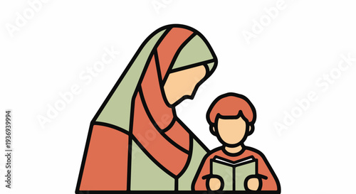 A serene illustration depicts a Muslim woman in a hijab gently guiding a young child through a book, emphasizing learning and cultural education.