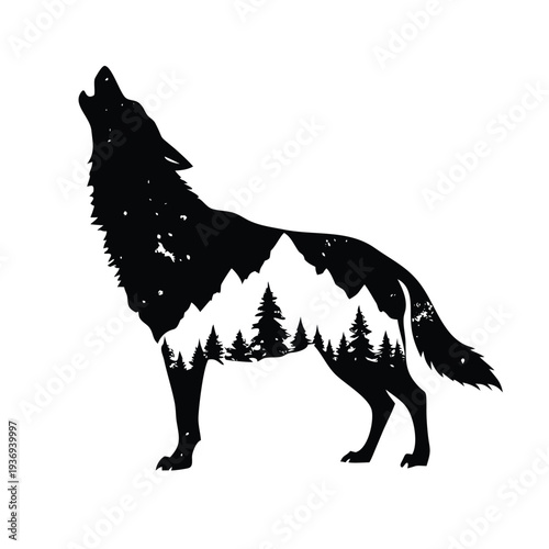 Wolf Double Exposure Forest T-shirt Design Tattoo Vector Illustration