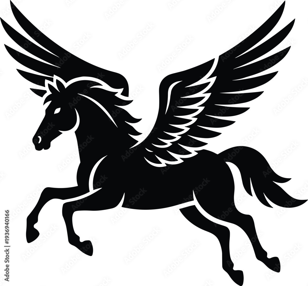 Fototapeta premium Black Pegasus Silhouette Vector Graphic Illustrating a Mythical Flying Winged Horse in Motion Isolated on White Background for Fantasy Legends and Majestic Animal Designs