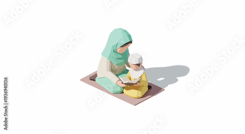 A Muslim mother wearing a hijab teaches her young child to read from the Quran on a prayer mat, symbolizing faith and education.