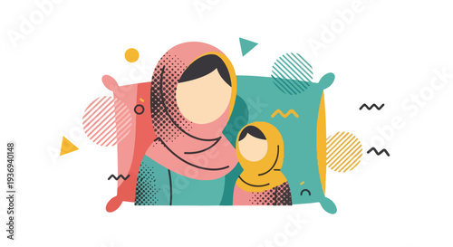 Diverse mother and daughter in hijabs with abstract colorful background, symbolizing unity and modern family values.