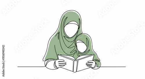 A mother wearing a hijab reads a book with her child, symbolizing education and family bonding in a simple line art style.
