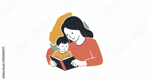 A caring mother and her young son share a quiet moment reading a book together, fostering a love for learning and imagination.
