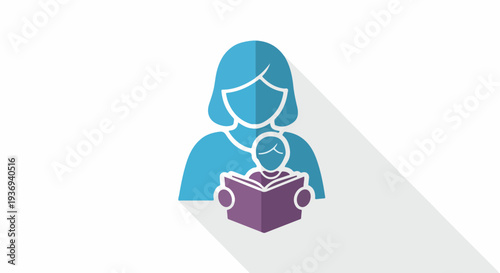 Mother and child reading a book together, symbolizing education, learning, and family bonding with a simple flat design.