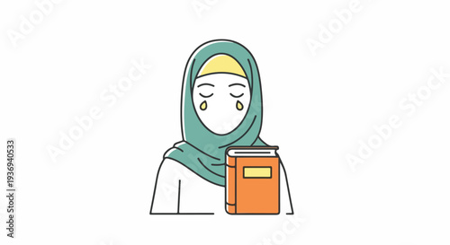 A Muslim woman in hijab cries while holding a book, symbolizing education and emotional struggle.