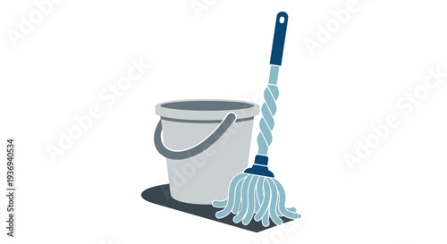 Mop and bucket with cleaning supplies on a white background.