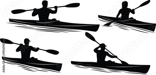 Kayaking silhouette collection of paddlers canoeing on water black vector illustration isolated on white background for sport adventure design use branding print