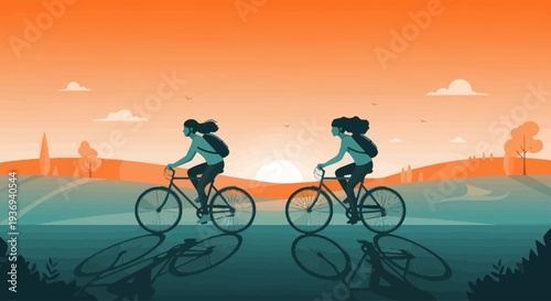 Two women enjoy a peaceful bicycle ride through a scenic landscape at sunset.
