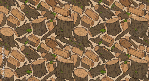 Seamless pattern of chopped wood logs and tree stumps in a rustic illustration style.