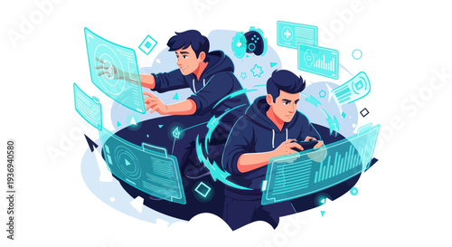 Young men playing virtual reality games with holographic interfaces.