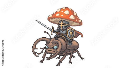 Fantasy Mushroom Knight Riding Giant Stag Beetle Pixel Art