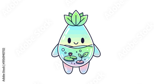 Cute water drop character with a miniature aquatic ecosystem
