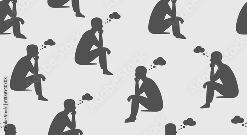 Seamless pattern of thinking man silhouettes with thought bubbles in gray.
