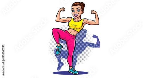 Strong fit woman in sports wear flexing muscles comic book style illustration