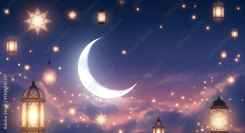 Naklejka premium Moonlit Night with Lanterns and Stars