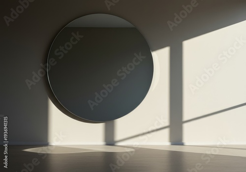 Elegant circular mirror reflecting the soft light and subtle geometry of an empty, minimalist domestic interior space ,perspective ,wall ,circle