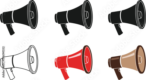 Megaphone loudspeaker icon variations set isolated on white background announcement promotion marketing communication flat vector illustration collection