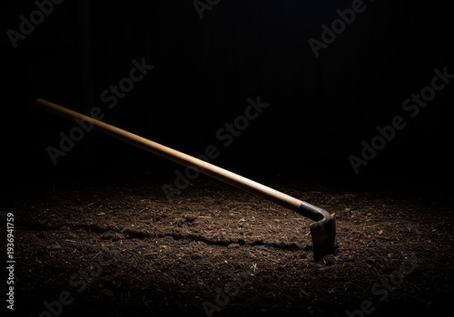 Garden hoe resting in dark soil under a faint night sky, suggesting completed farm labor or preparations for early morning work ,landscape ,dark ,farming