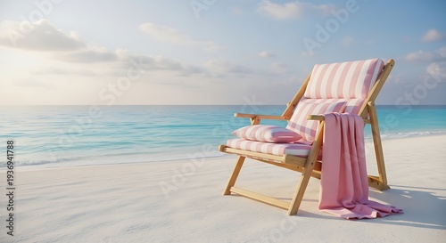 A pink and white striped beach chair sits on a white sandy beach
