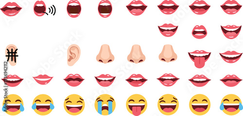 Emoji facial expressions set, mouth lips nose ear icons, laughing crying smile emoticons, cartoon communication elements vector illustration collection