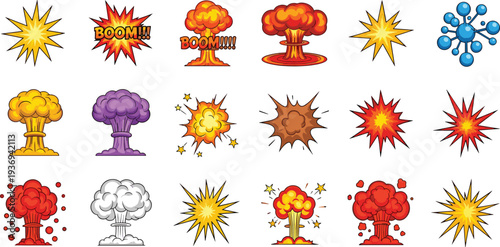 Explosion effects and comic blast collection, cartoon bomb burst icons, mushroom cloud boom elements vector illustration set