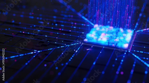 Artificial intelligence microchip, central data processing unit on circuit board. Quantum computing core with data flow into and logic operations. Futuristic technology neural network processor.