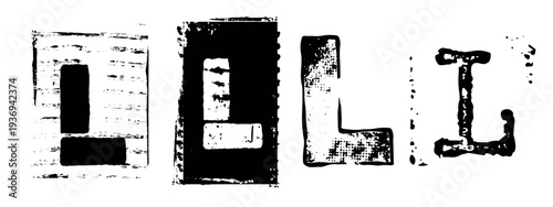 Uppercase Letter L variations in Grunge Stamp style. Black Retro Typography elements for Collage and Poster Design