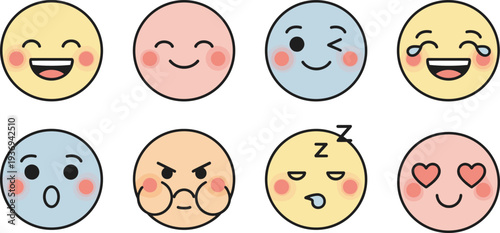 Emoji faces illustration set, colorful pastel circle icons, emotional expressions, joy laughter, sadness crying, love affection, surprise shock, anger frustration, sleepy tired