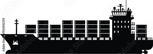 Black silhouette of a container ship carrying cargo for global logistics maritime transport international trade freight delivery isolated on white background for graphic design