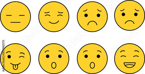 Emoji faces illustration set, yellow circular expressions, emotional communication concept, smiling sad surprised shocked playful wink, simplified human emotions representation